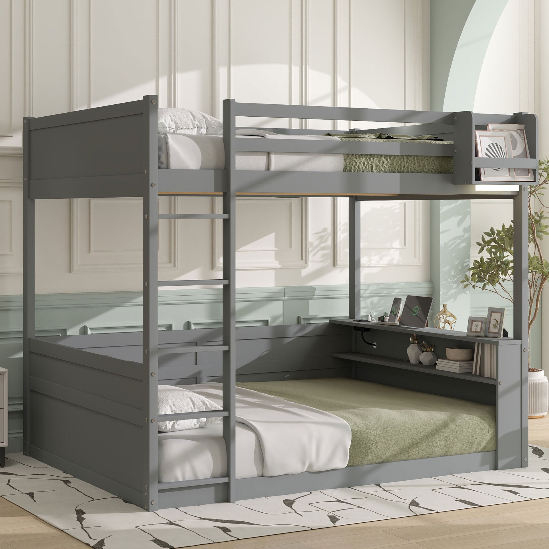 Queen Size Wooden Bunk Bed with Built-in Shelves,Storage Box,LED Light and USB Charging Station,Grey