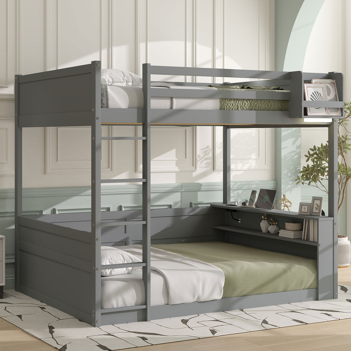 Queen Size Wooden Bunk Bed with Built-in Shelves,Storage Box,LED Light and USB Charging Station,Grey