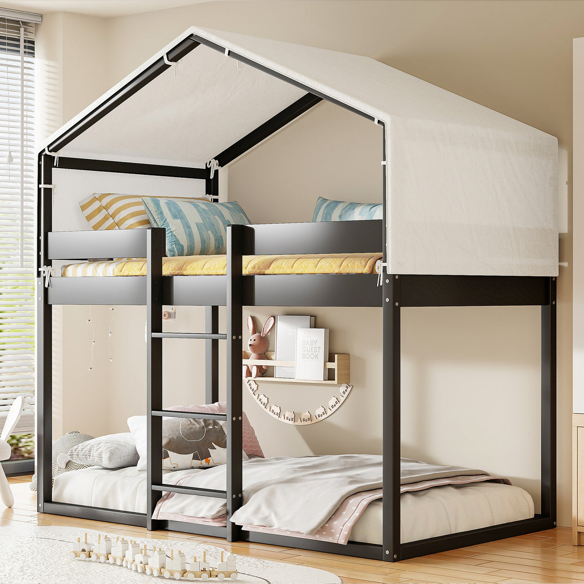 Twin Over Twin Wood Bunk Bed with Tent, Espresso(OLD SKU:LT000708AAP)