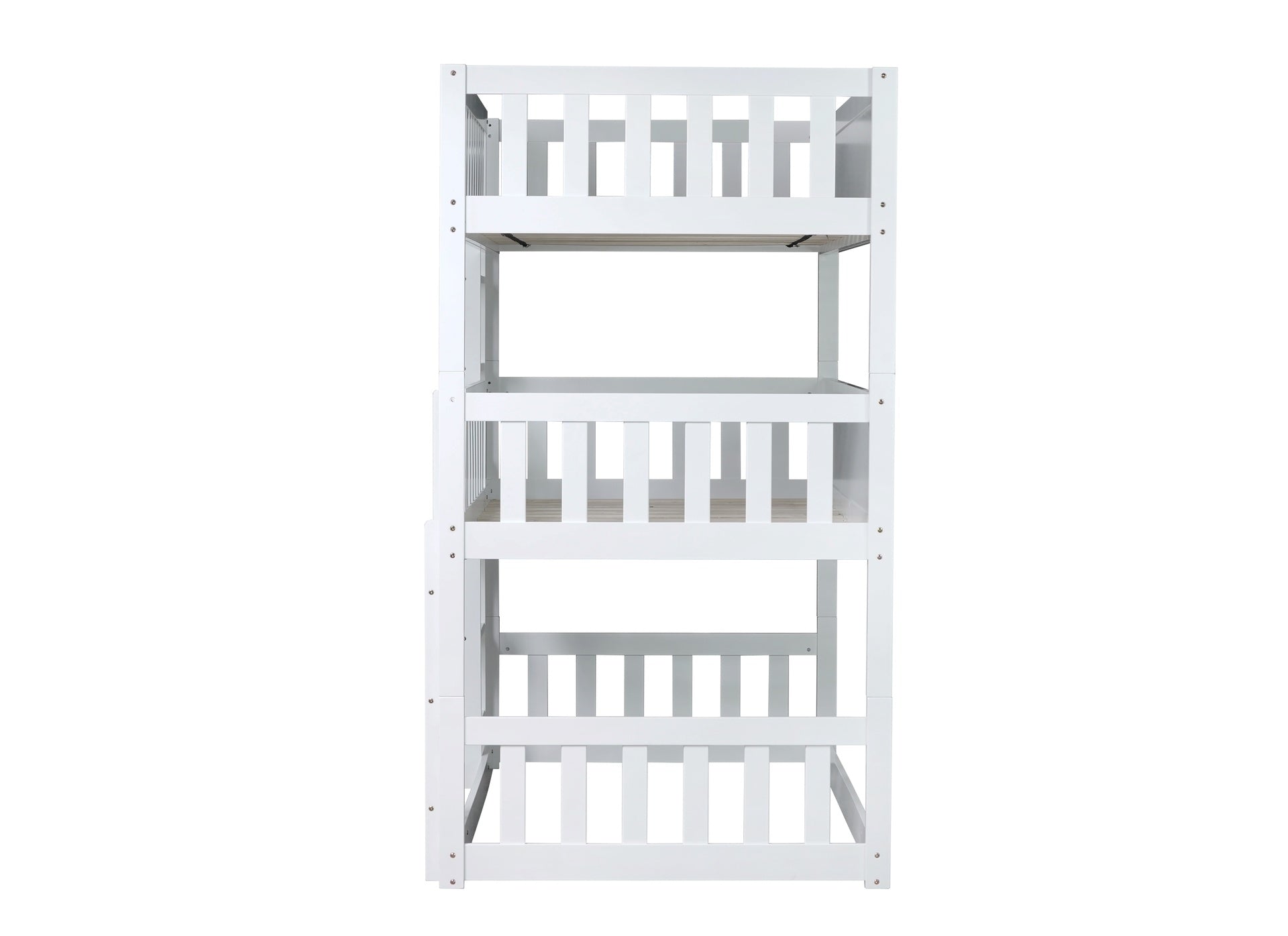 Twin Size Triple Rubber Wood Bunk Bed, with Ladders, Guardrails Detachable Bunk Bed, Twin over Twin over Twin,White