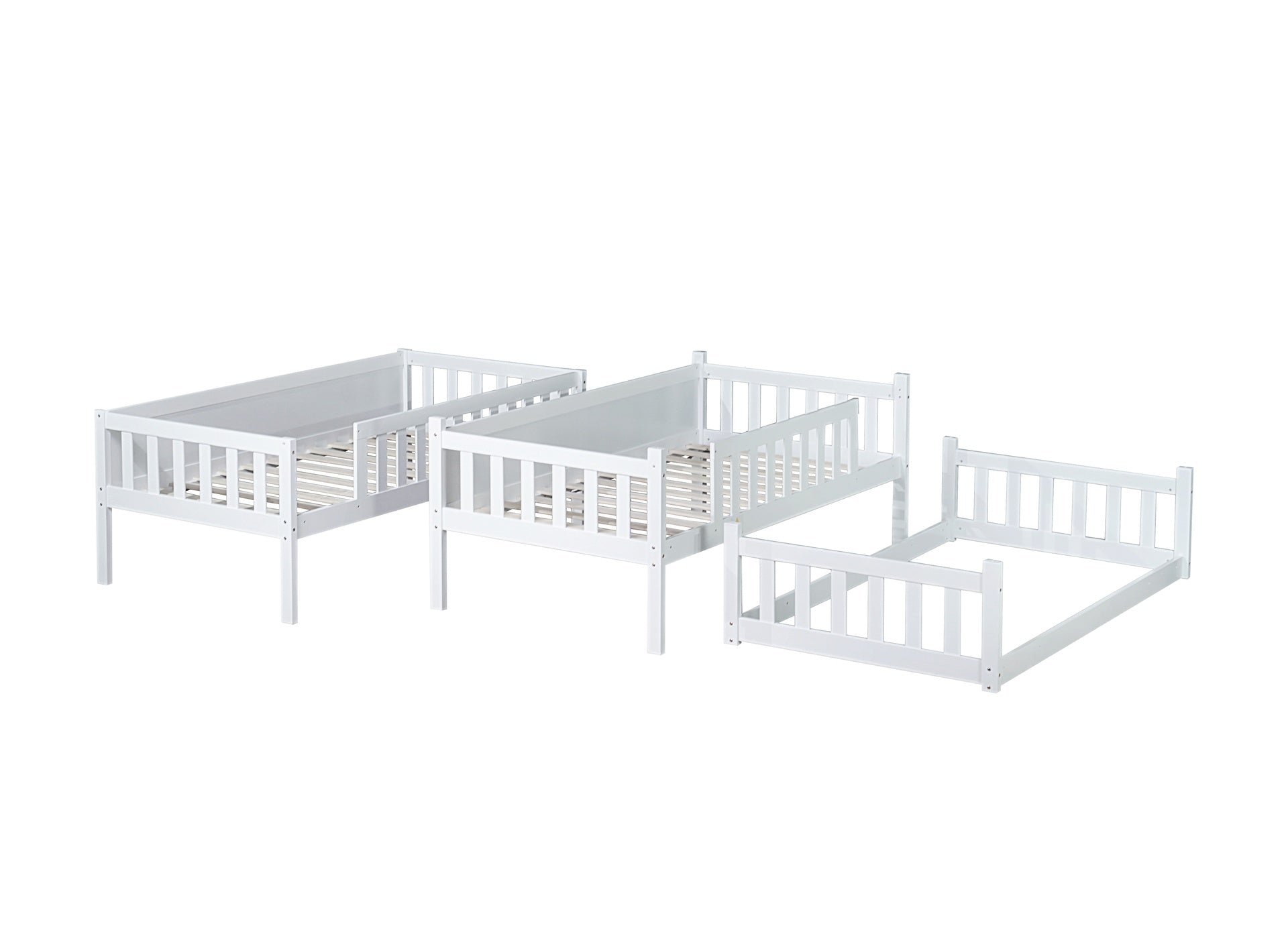 Twin Size Triple Rubber Wood Bunk Bed, with Ladders, Guardrails Detachable Bunk Bed, Twin over Twin over Twin,White