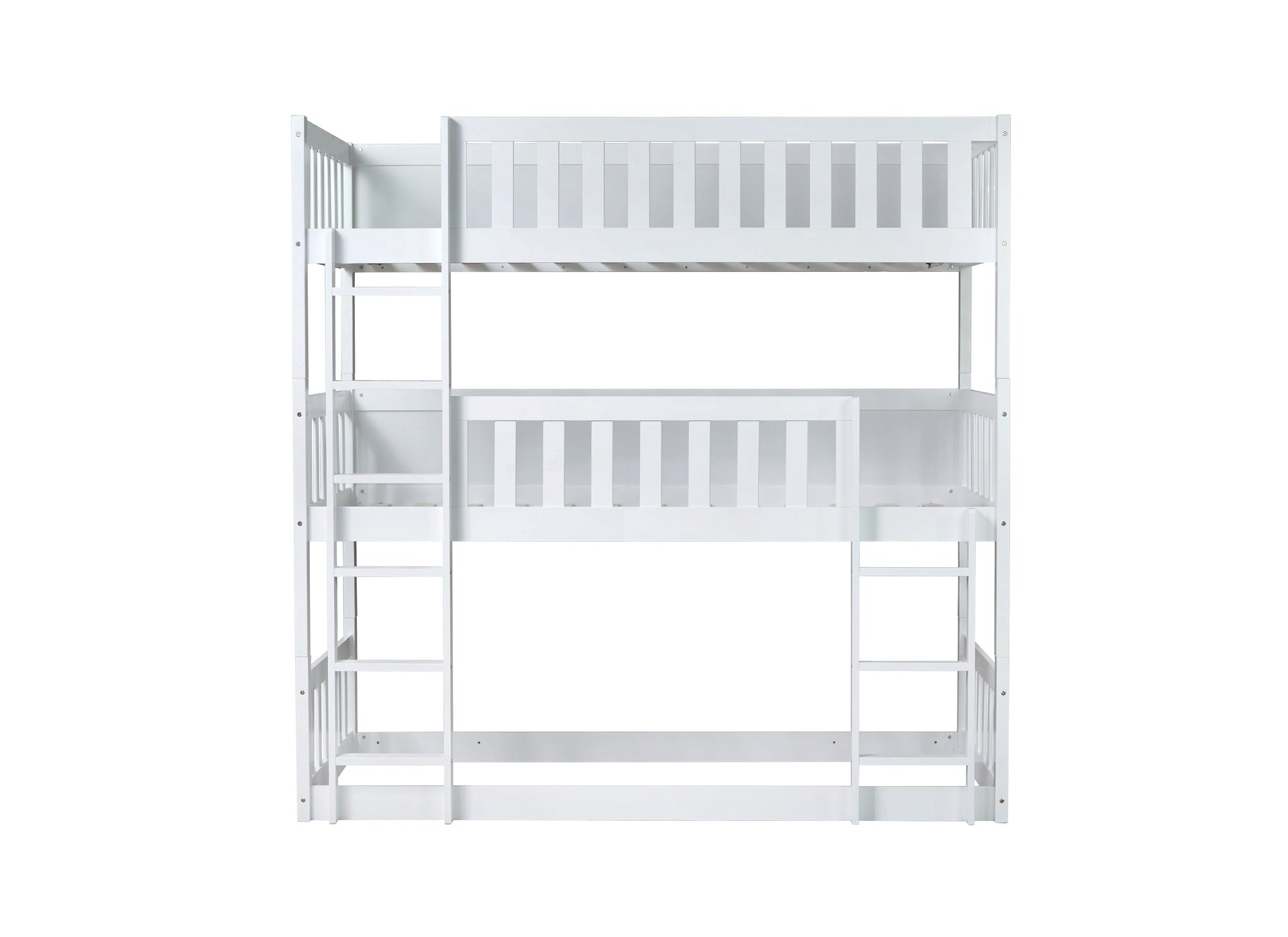 Twin Size Triple Rubber Wood Bunk Bed, with Ladders, Guardrails Detachable Bunk Bed, Twin over Twin over Twin,White