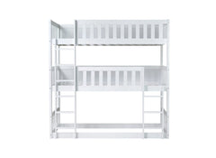 Twin Size Triple Rubber Wood Bunk Bed, with Ladders, Guardrails Detachable Bunk Bed, Twin over Twin over Twin,White