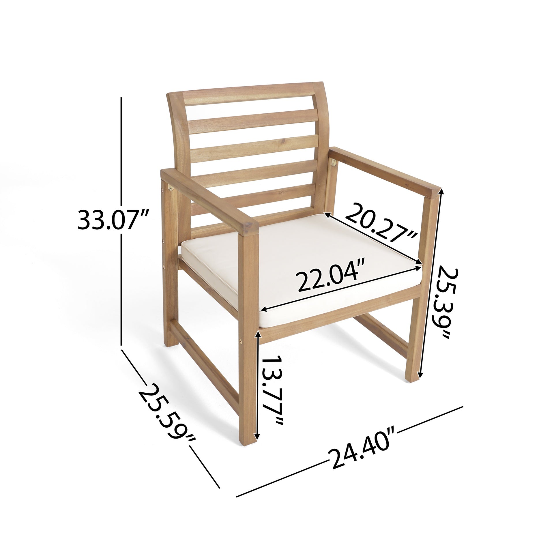 Outdoor Acacia Wood Club Chairs, 2-Pcs Set, Natural Stained / White, 25.5"D x 24.5"W x 33.0"H