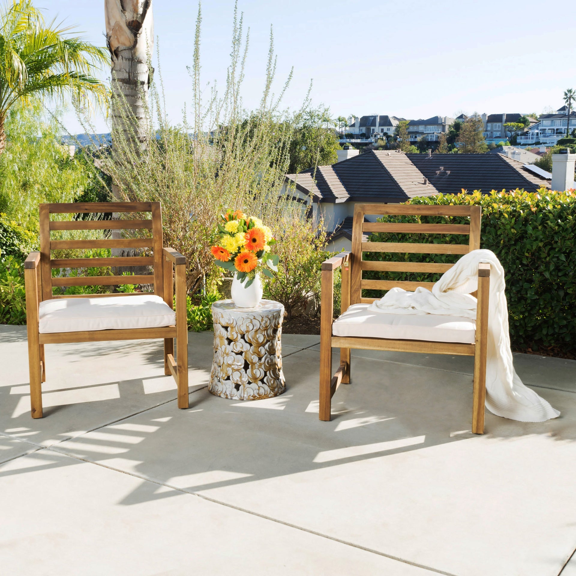 Outdoor Acacia Wood Club Chairs, 2-Pcs Set, Natural Stained / White, 25.5"D x 24.5"W x 33.0"H