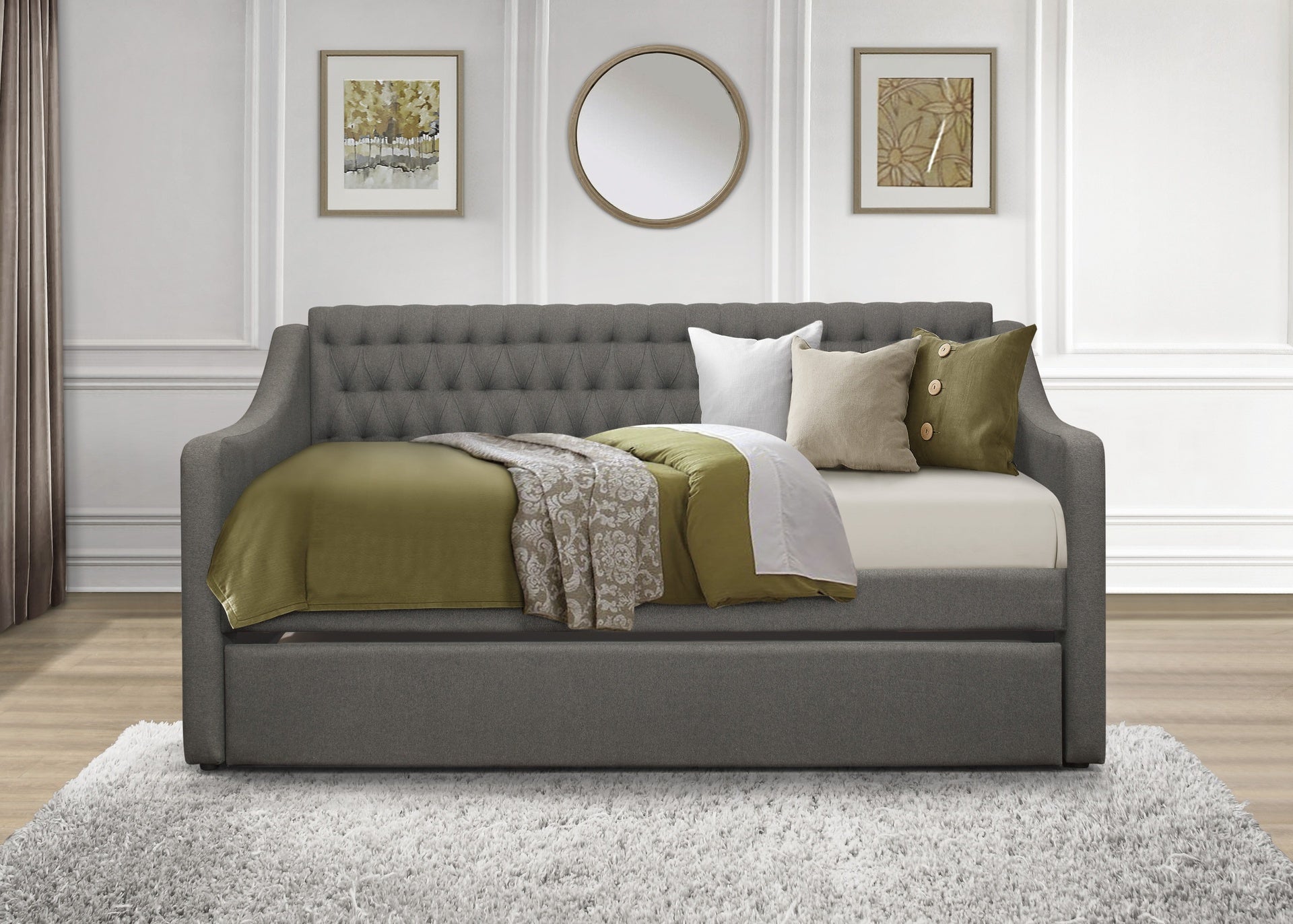 1pc Modern Traditional Gray Upholstery Daybed Pull Out Trundle Casters Tufted Bedroom Living Room Furniture