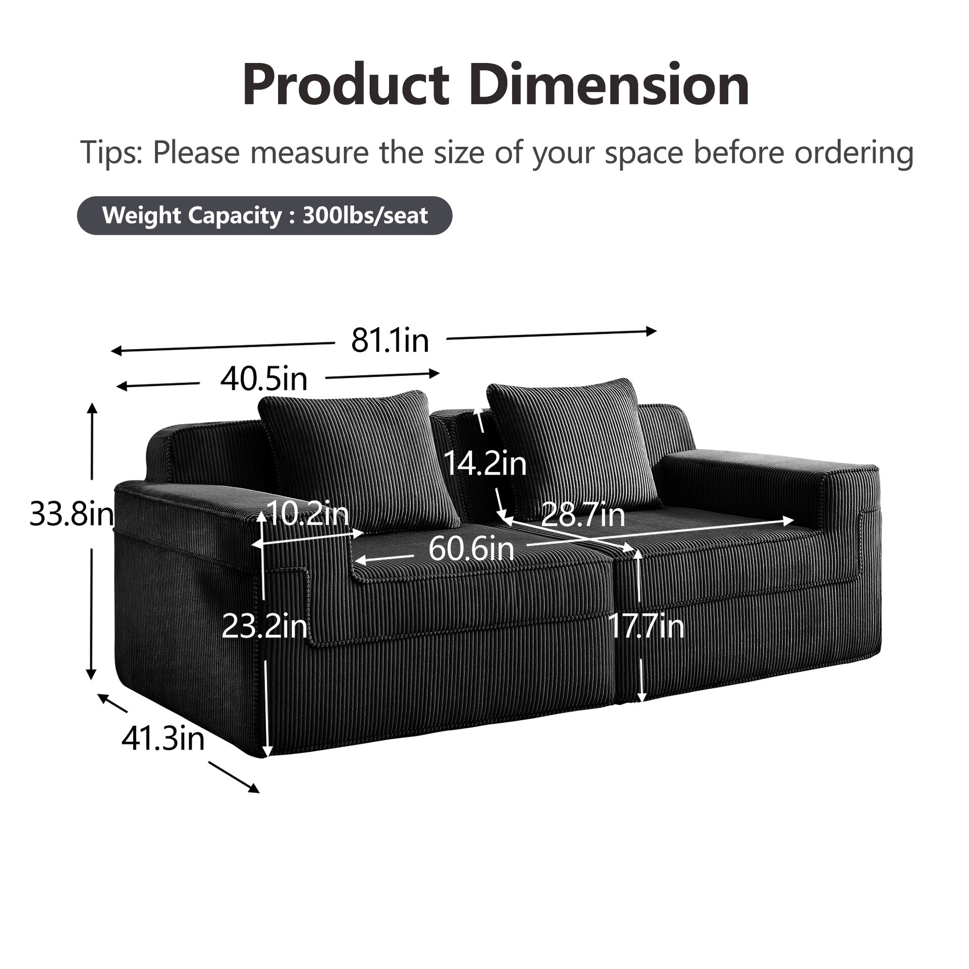 Modular 2 Seat Loveseat Boneless Sofa, Cloud Sectional Couch with Deep Seat, Modern Modular 2-Seat Sofa Couch with Throw Pillows Corduroy Fabric Black