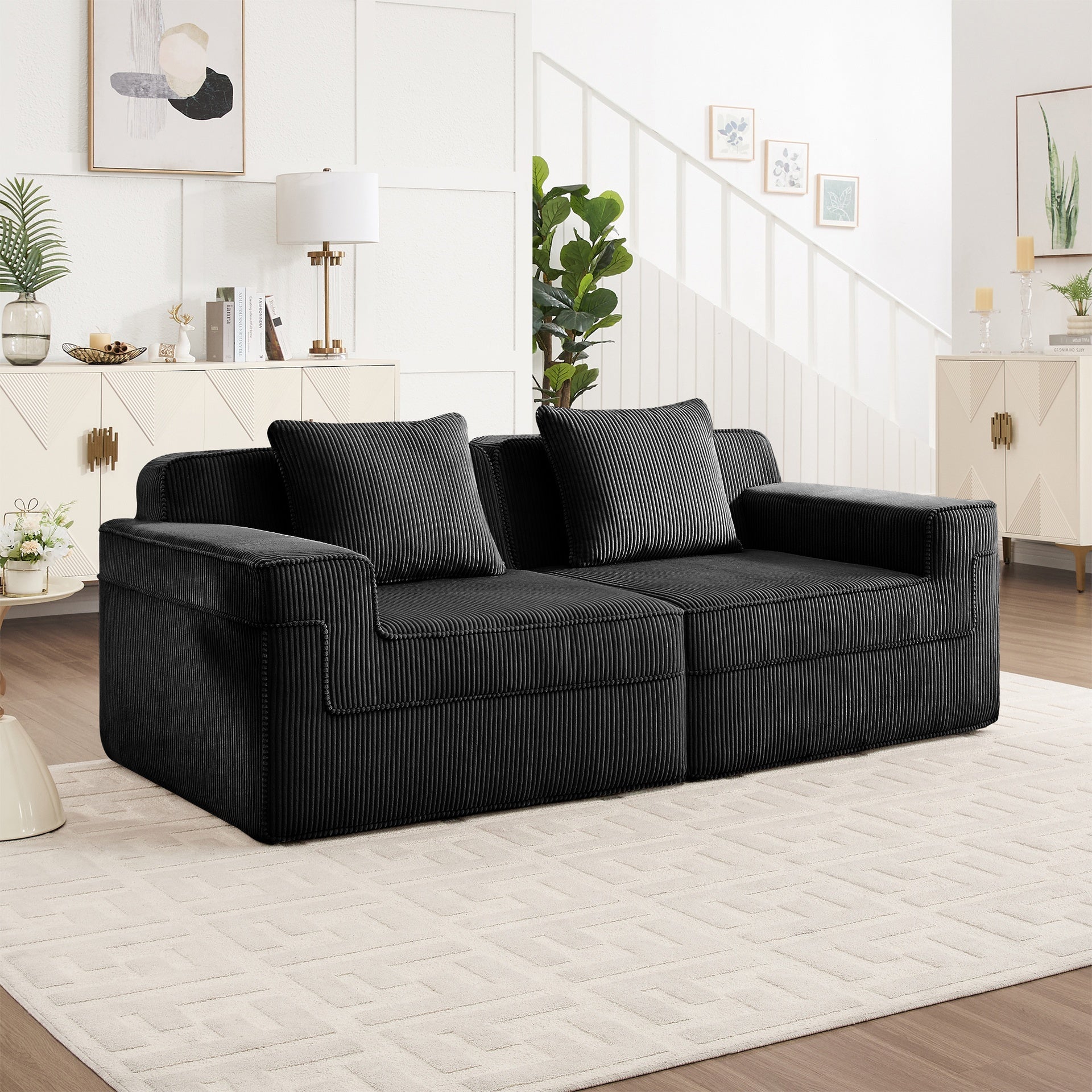 Modular 2 Seat Loveseat Boneless Sofa, Cloud Sectional Couch with Deep Seat, Modern Modular 2-Seat Sofa Couch with Throw Pillows Corduroy Fabric Black