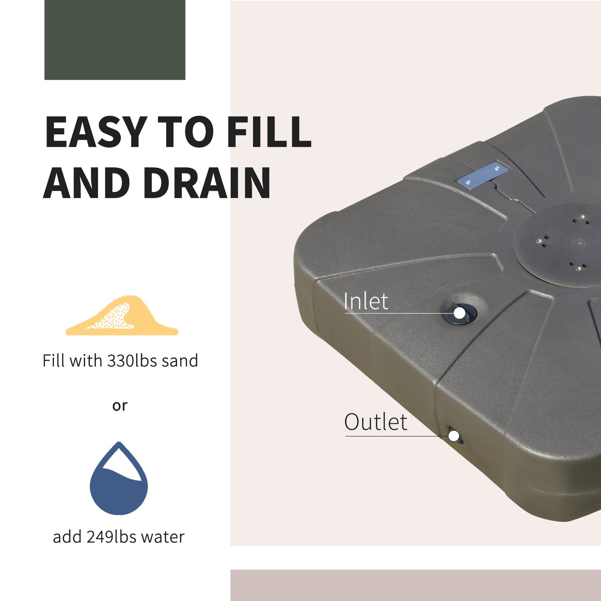 Outsunny Square Cantilever Patio Umbrella Base with 4 Wheels for Easy Moving, Heavy Duty Umbrella Stand Weight, 330 lb Capacity Sand or 249 lb Capacity Water, Coffee