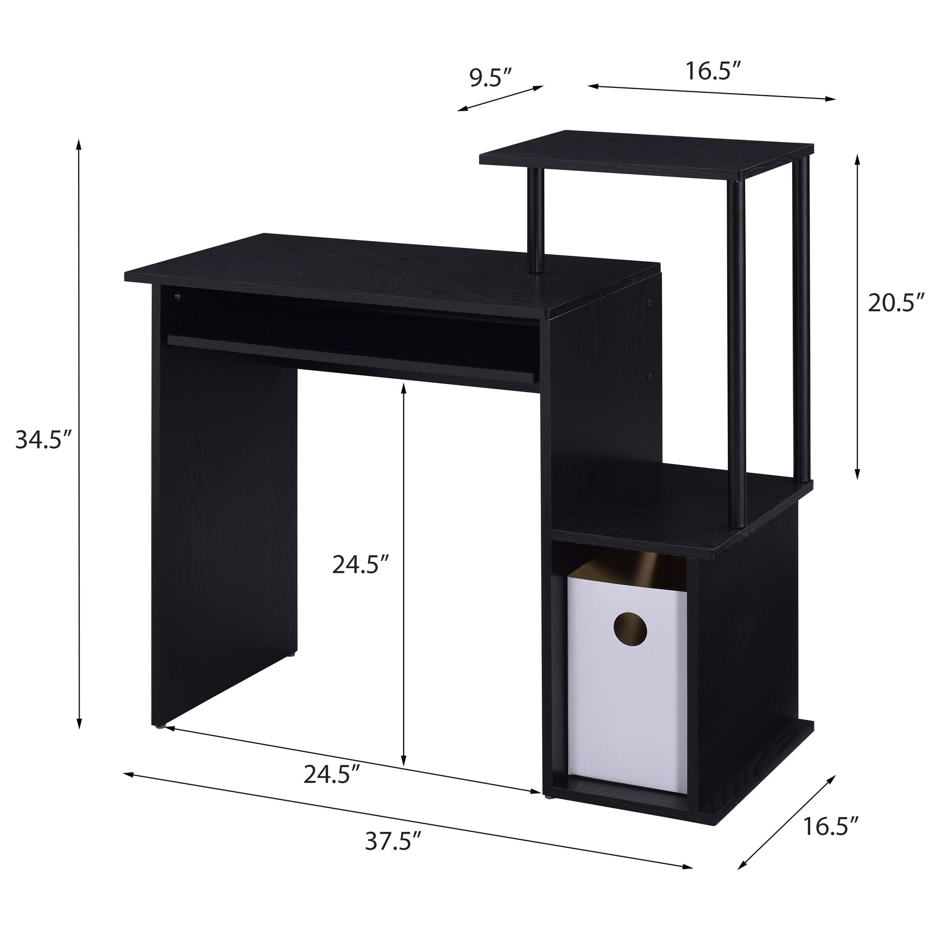 Black Computer Desk with Keyboard Tray and Open Shelving
