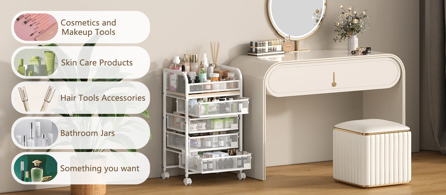 Makeup Organizer with 4 Drawers, Skincare Storage, Floor Skincare Organizers with Wheels Nameplates,Vanity Cosmetic Holder for Perfume, Nail Polish, Brushes, White