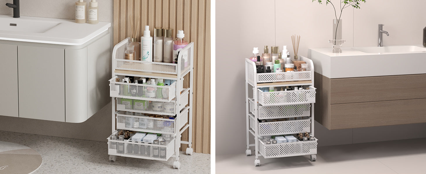 Makeup Organizer with 4 Drawers, Skincare Storage, Floor Skincare Organizers with Wheels Nameplates,Vanity Cosmetic Holder for Perfume, Nail Polish, Brushes, White