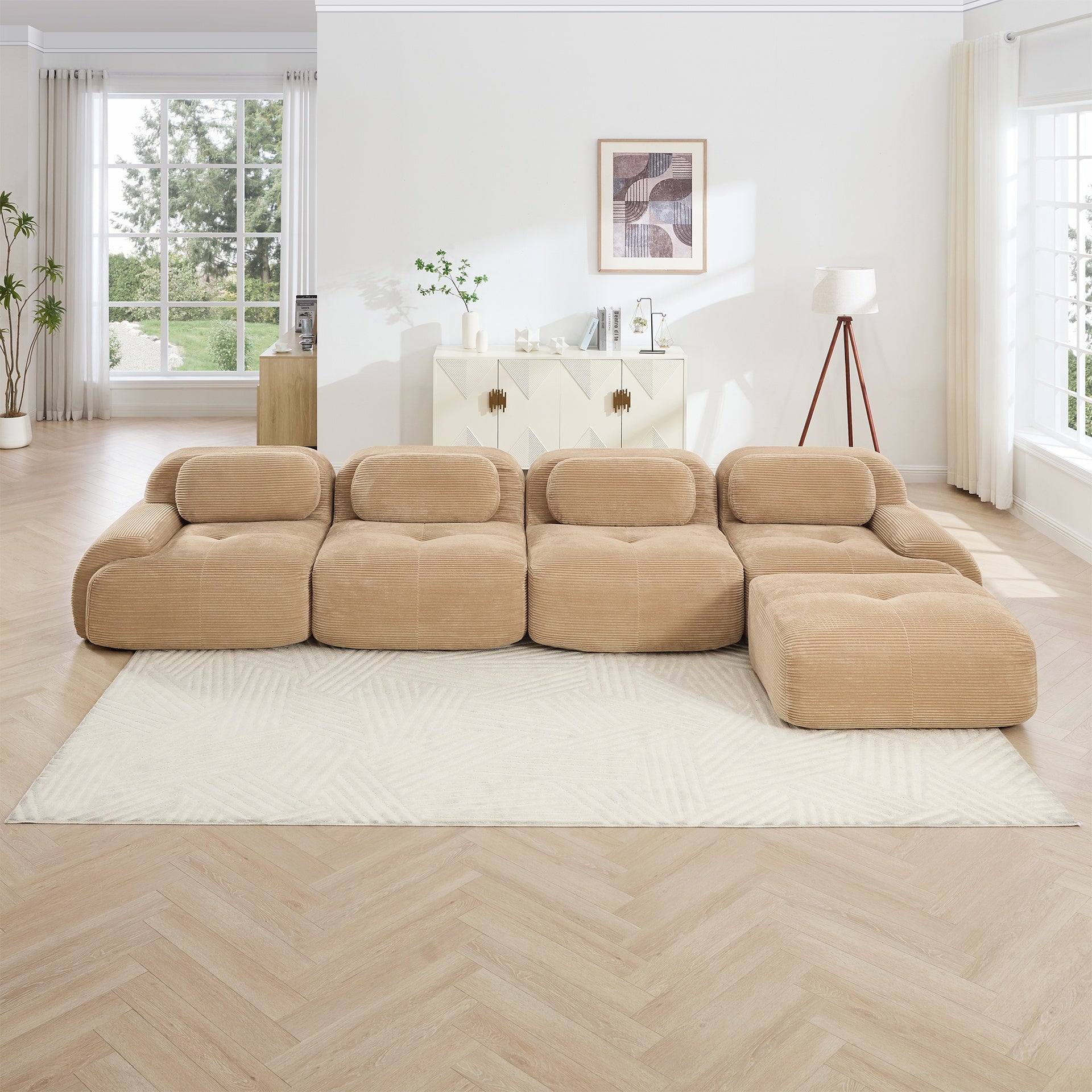 4-seat L-shaped sofa 32D high-resilience sponge anti-slip design chaise design extra-wide curved armrests multi-free combination no assembly for studies living rooms media rooms,Camel