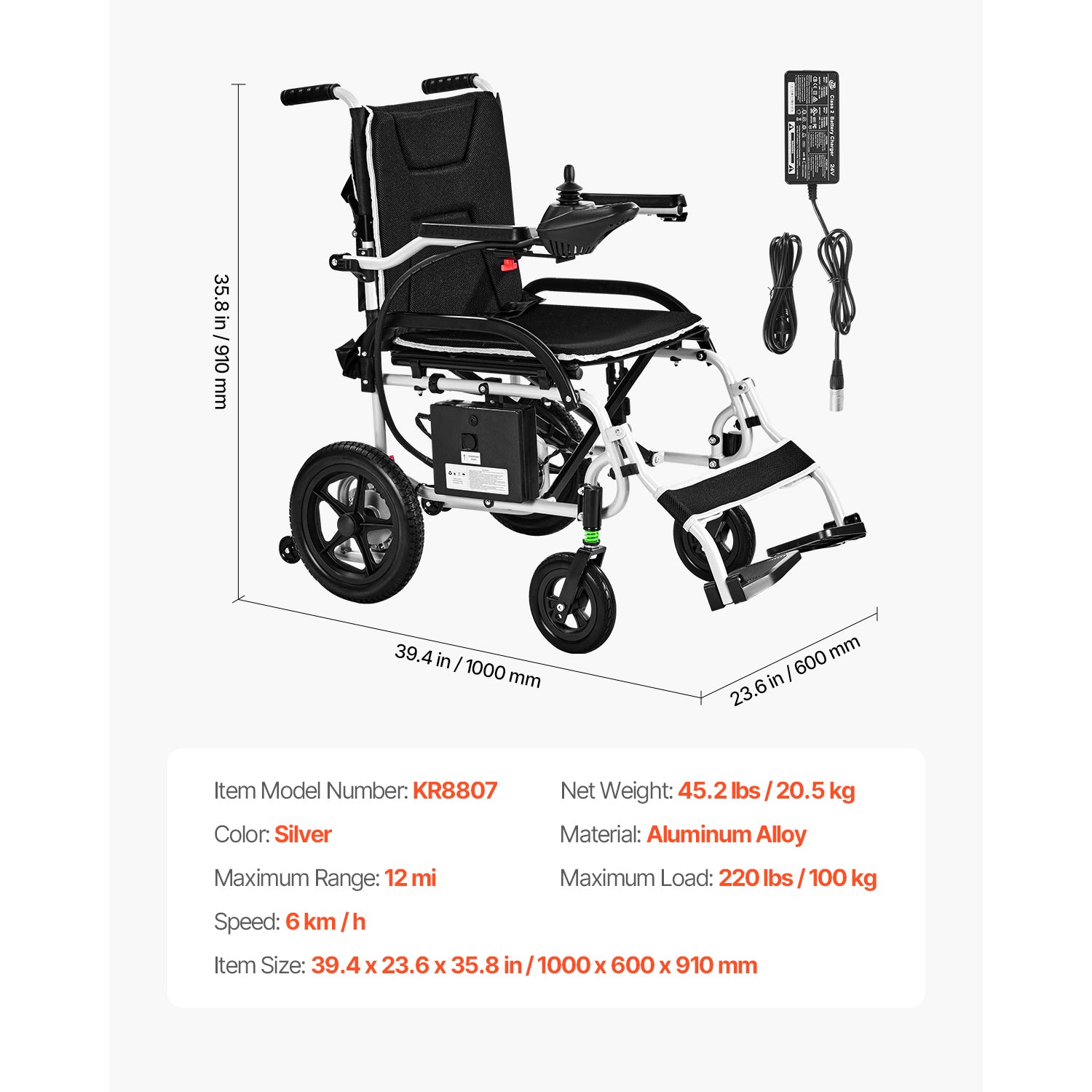 Electric Wheelchair 220lbs Capacity Foldable Lightweight 12 Mile