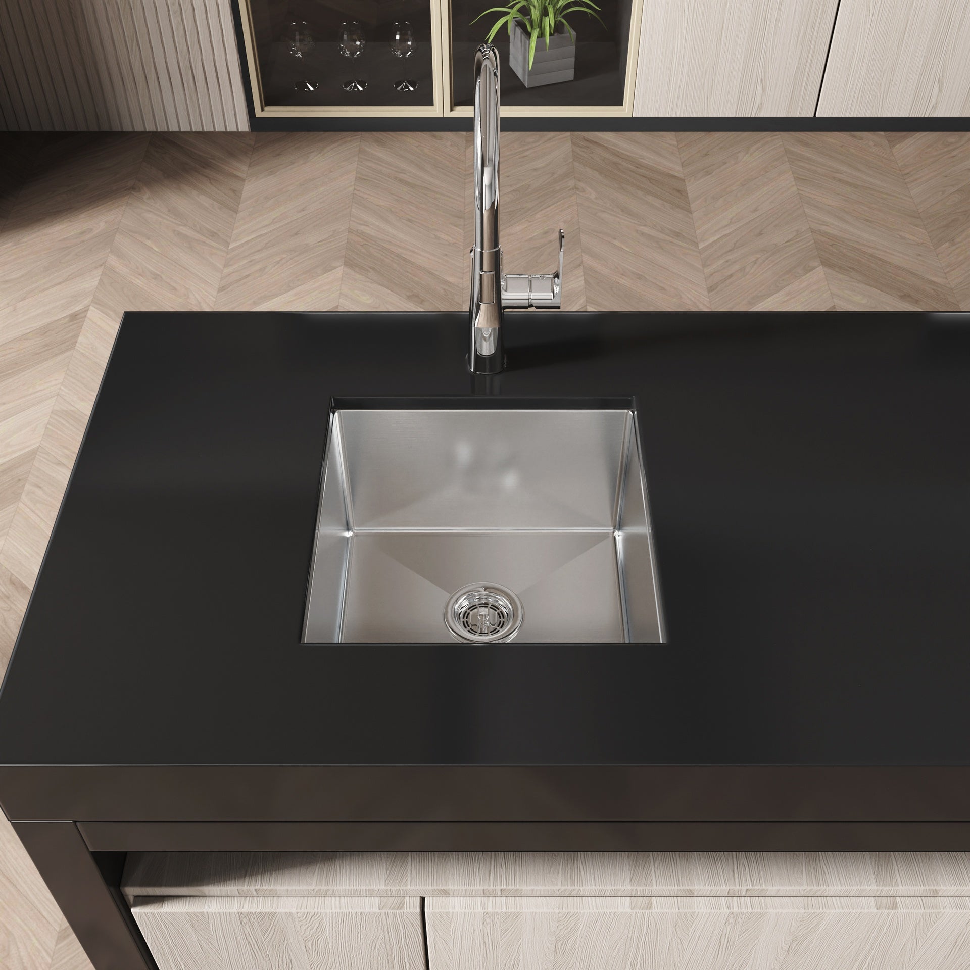Stainless Steel Kitchen Sink, 18″x18″ Single Bowl, Undermount HandmadeSink in Brushed Nickel, with US Standard Drain and Hook, LS-SSBR07