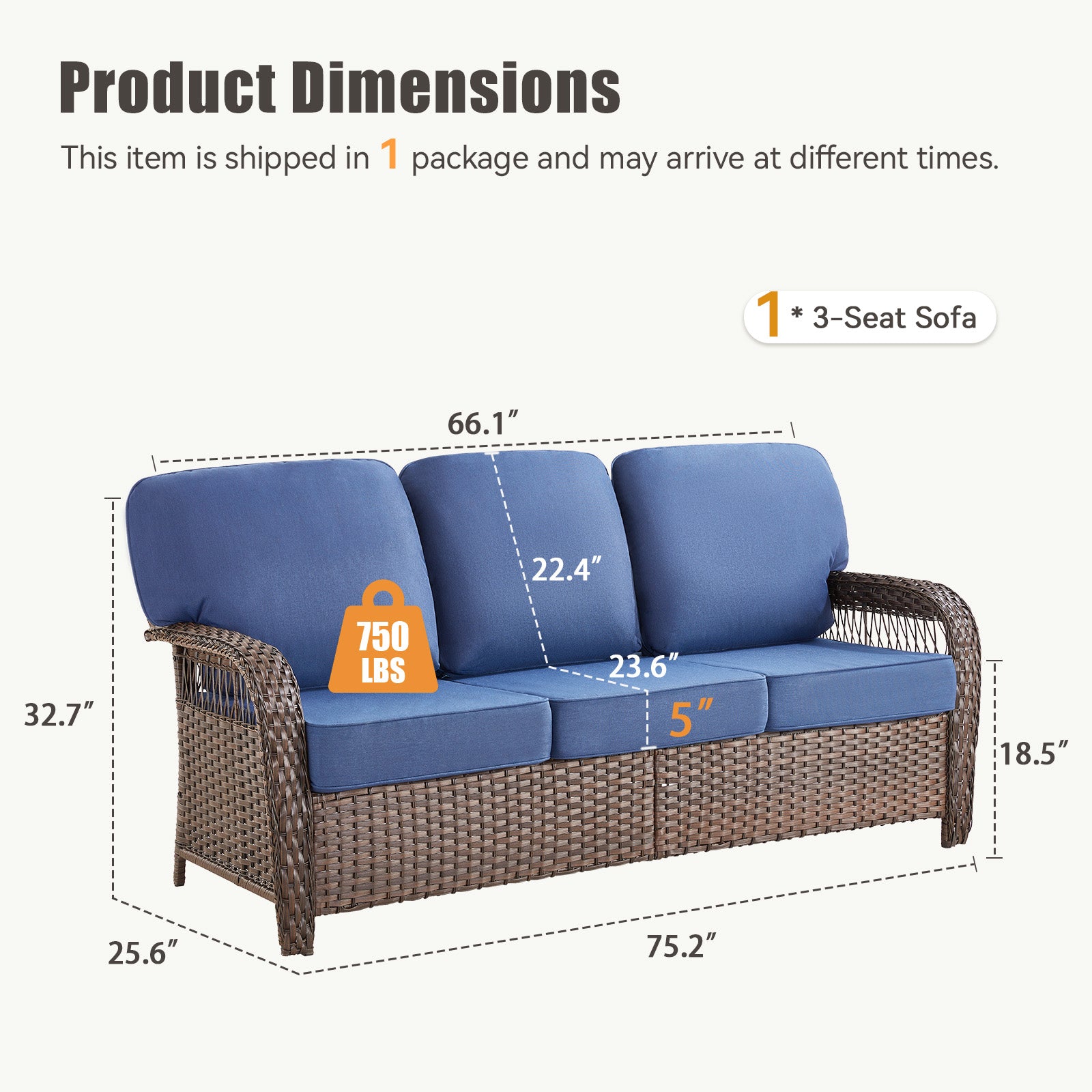 75.2" Outdoor Brown Wicker Patio Sofa with T Shape-Back Cushions and 5" Thick Foam, for Porch or Backyard, Blue
