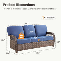 75.2" Outdoor Brown Wicker Patio Sofa with T Shape-Back Cushions and 5" Thick Foam, for Porch or Backyard, Blue