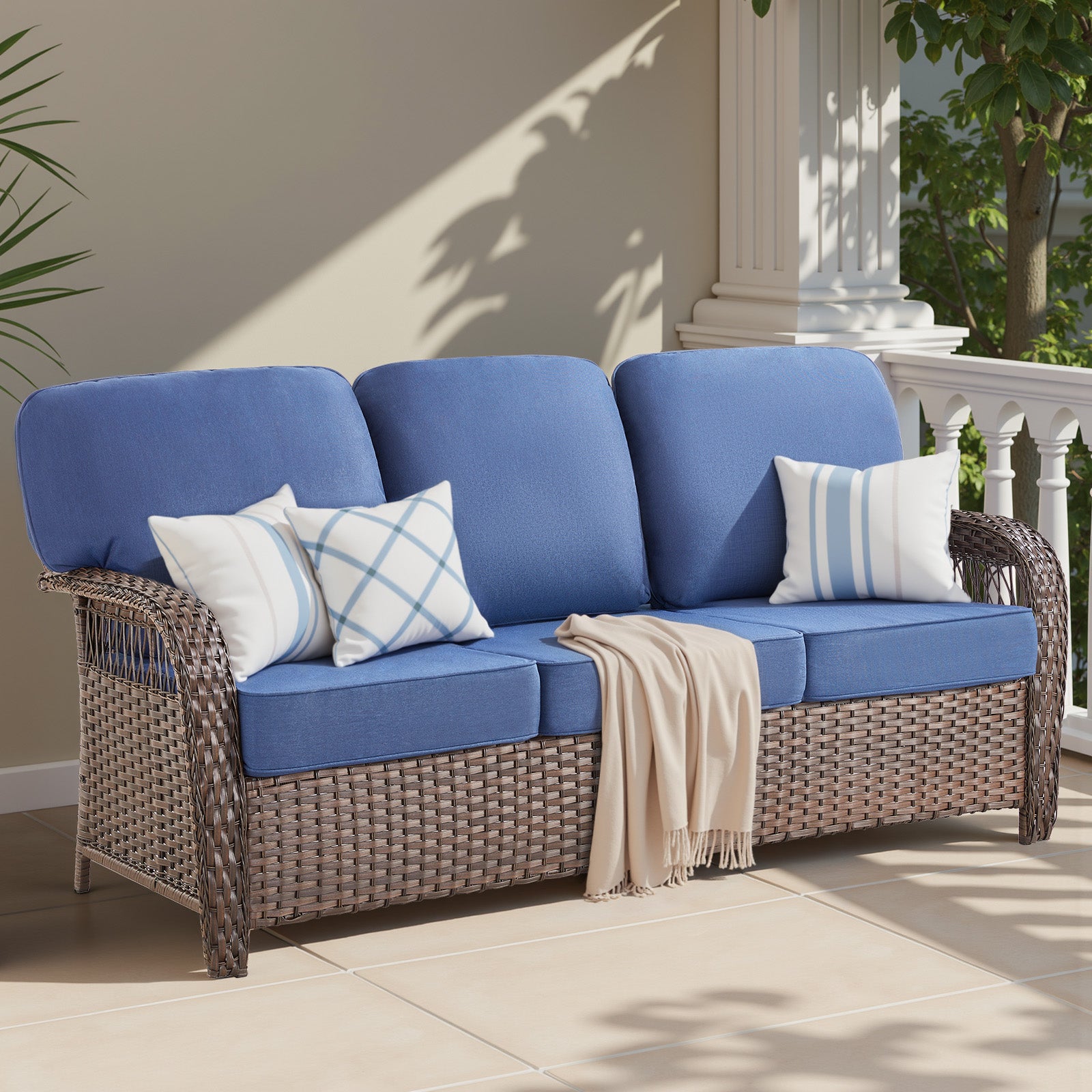 75.2" Outdoor Brown Wicker Patio Sofa with T Shape-Back Cushions and 5" Thick Foam, for Porch or Backyard, Blue