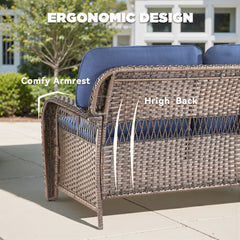 75.2" Outdoor Brown Wicker Patio Sofa with T Shape-Back Cushions and 5" Thick Foam, for Porch or Backyard, Blue