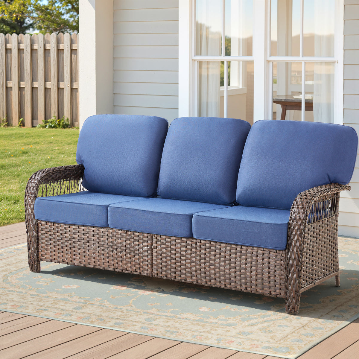 75.2" Outdoor Brown Wicker Patio Sofa with T Shape-Back Cushions and 5" Thick Foam, for Porch or Backyard, Blue