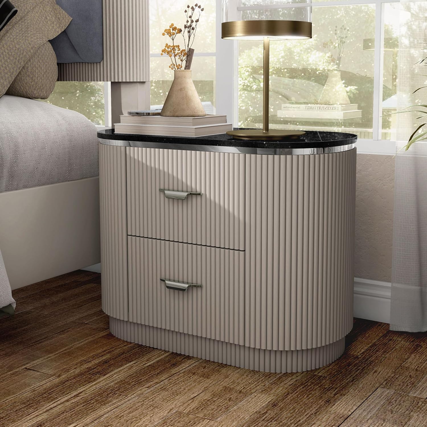 Contemporary Style 1pc Nightstand Stone Top French And English Dovetail Drawers Chrome Pulls Silver line Accent Light Gray Finish Bedroom Furniture