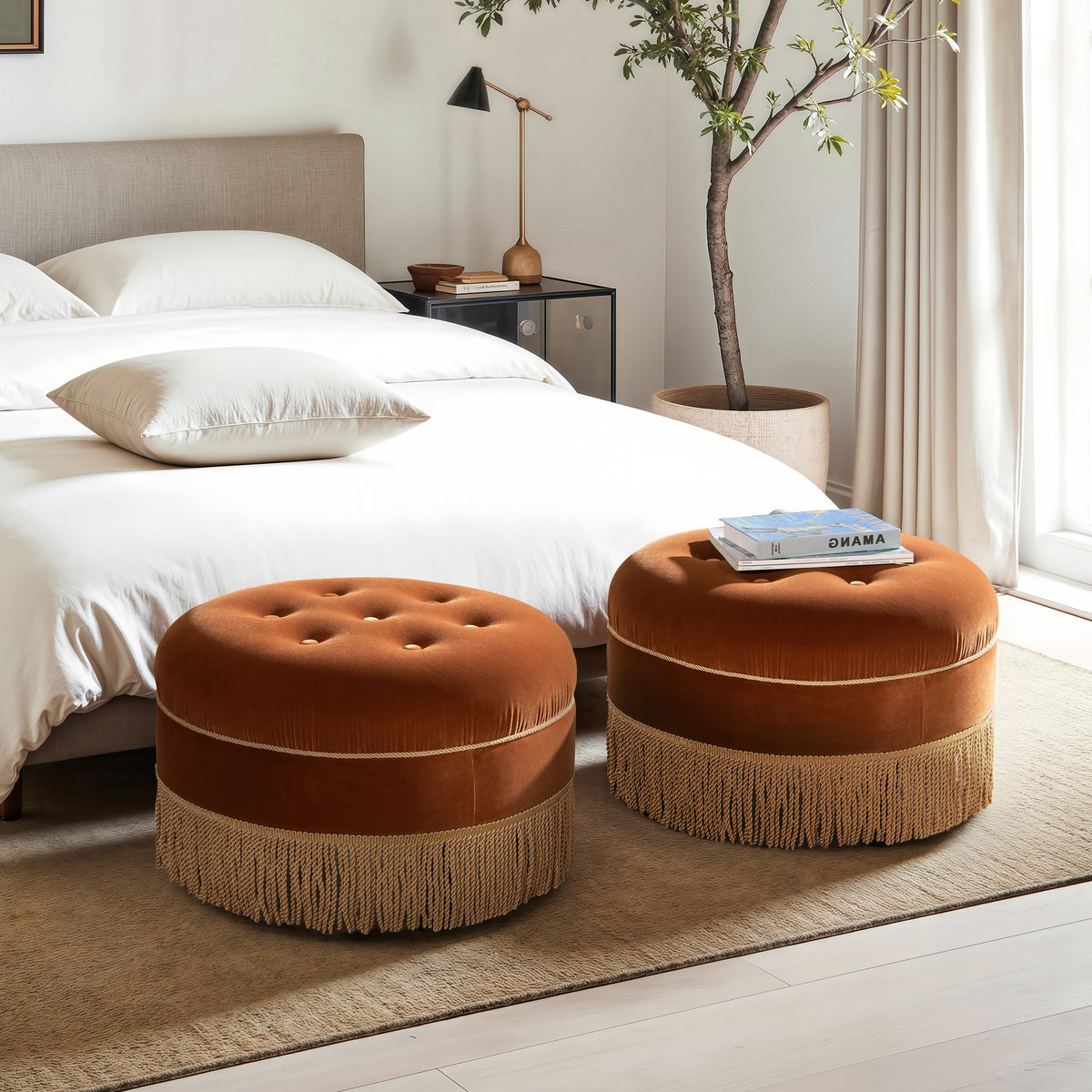 Yolanda 24" Round Upholstered Accent Ottoman Burnt Orange  Performance Velvet