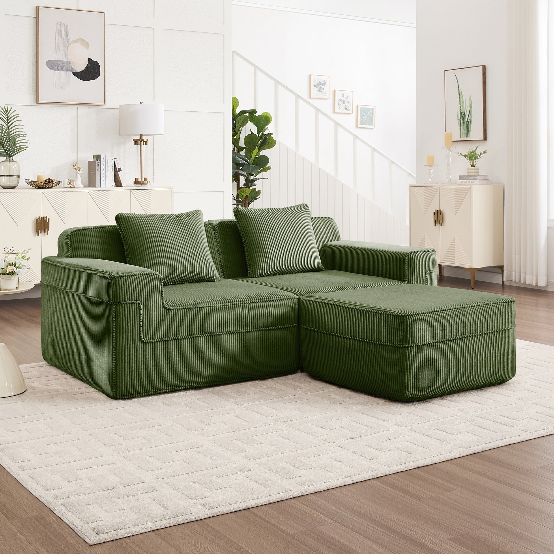 Modular 2 Seat L Shape Sectional Boneless Sofa, Cloud Sectional Couch with Deep Seat, Modern Modular 2-Seat Sofa Couch with Throw Pillows and 1 Movable Ottoman, Corduroy Fabric Green