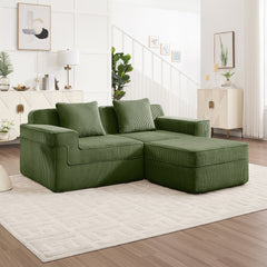 Modular 2 Seat L Shape Sectional Boneless Sofa, Cloud Sectional Couch with Deep Seat, Modern Modular 2-Seat Sofa Couch with Throw Pillows and 1 Movable Ottoman, Corduroy Fabric Green