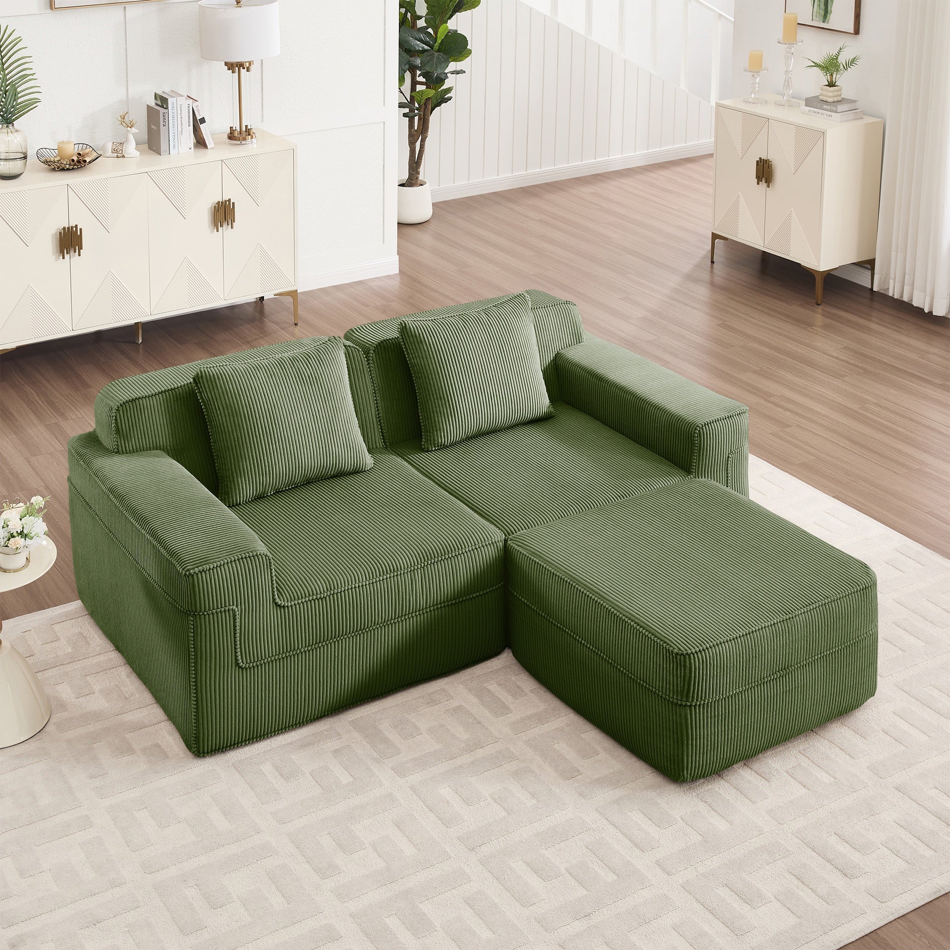 Modular 2 Seat L Shape Sectional Boneless Sofa, Cloud Sectional Couch with Deep Seat, Modern Modular 2-Seat Sofa Couch with Throw Pillows and 1 Movable Ottoman, Corduroy Fabric Green