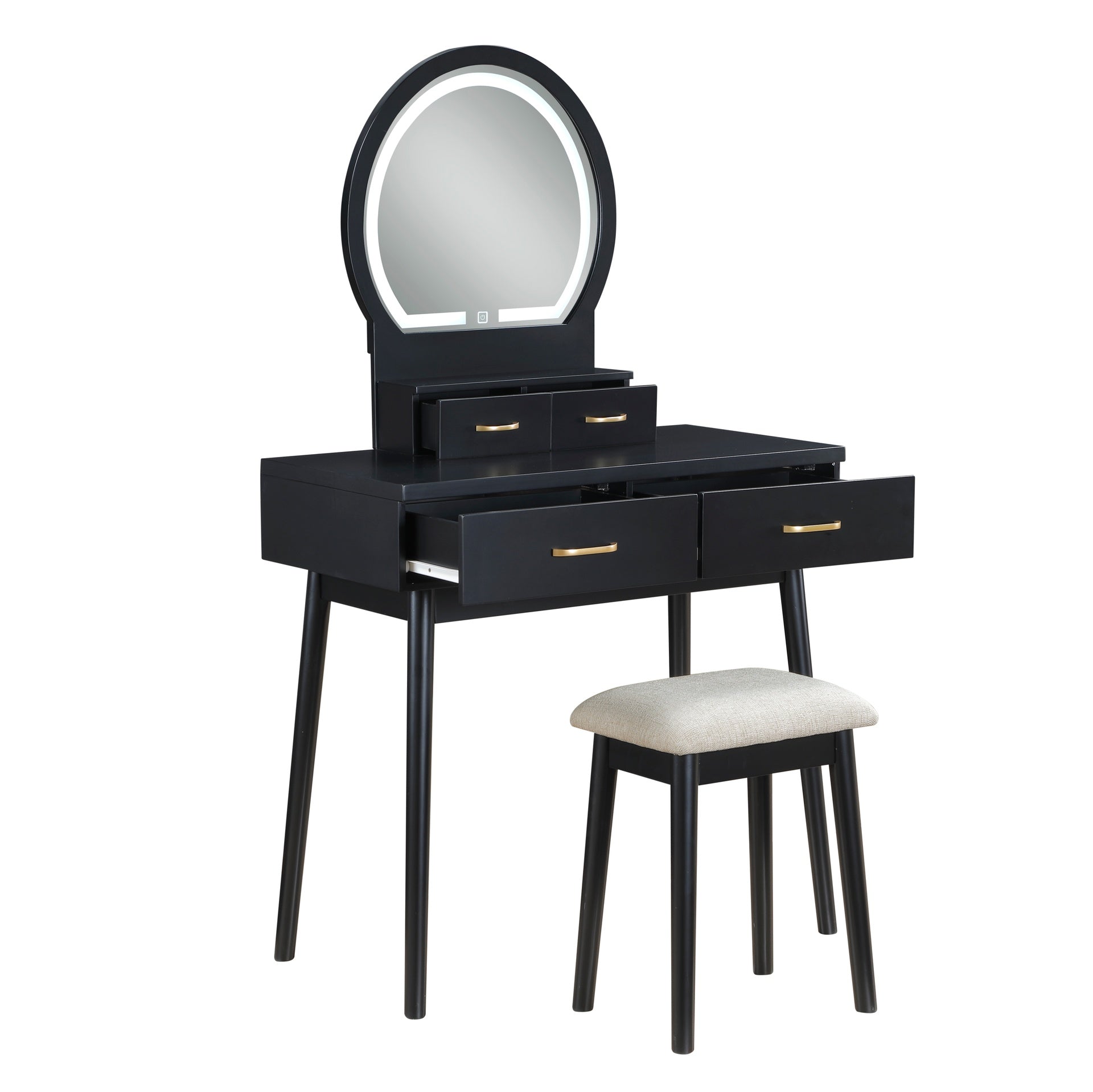 Beautiful Black Finish Vanity Dresser with Mirror and Stool Set Storage Drawers Luxury Furniture 1pc LED Mirror