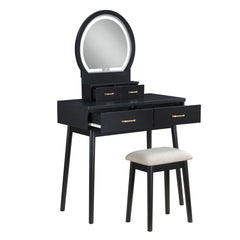 Beautiful Black Finish Vanity Dresser with Mirror and Stool Set Storage Drawers Luxury Furniture 1pc LED Mirror