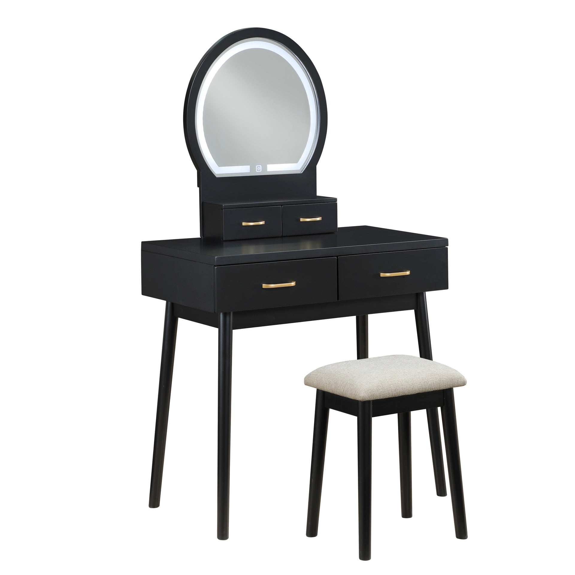 Beautiful Black Finish Vanity Dresser with Mirror and Stool Set Storage Drawers Luxury Furniture 1pc LED Mirror