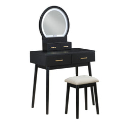 Beautiful Black Finish Vanity Dresser with Mirror and Stool Set Storage Drawers Luxury Furniture 1pc LED Mirror