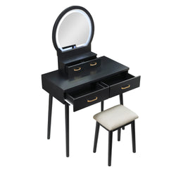 Beautiful Black Finish Vanity Dresser with Mirror and Stool Set Storage Drawers Luxury Furniture 1pc LED Mirror