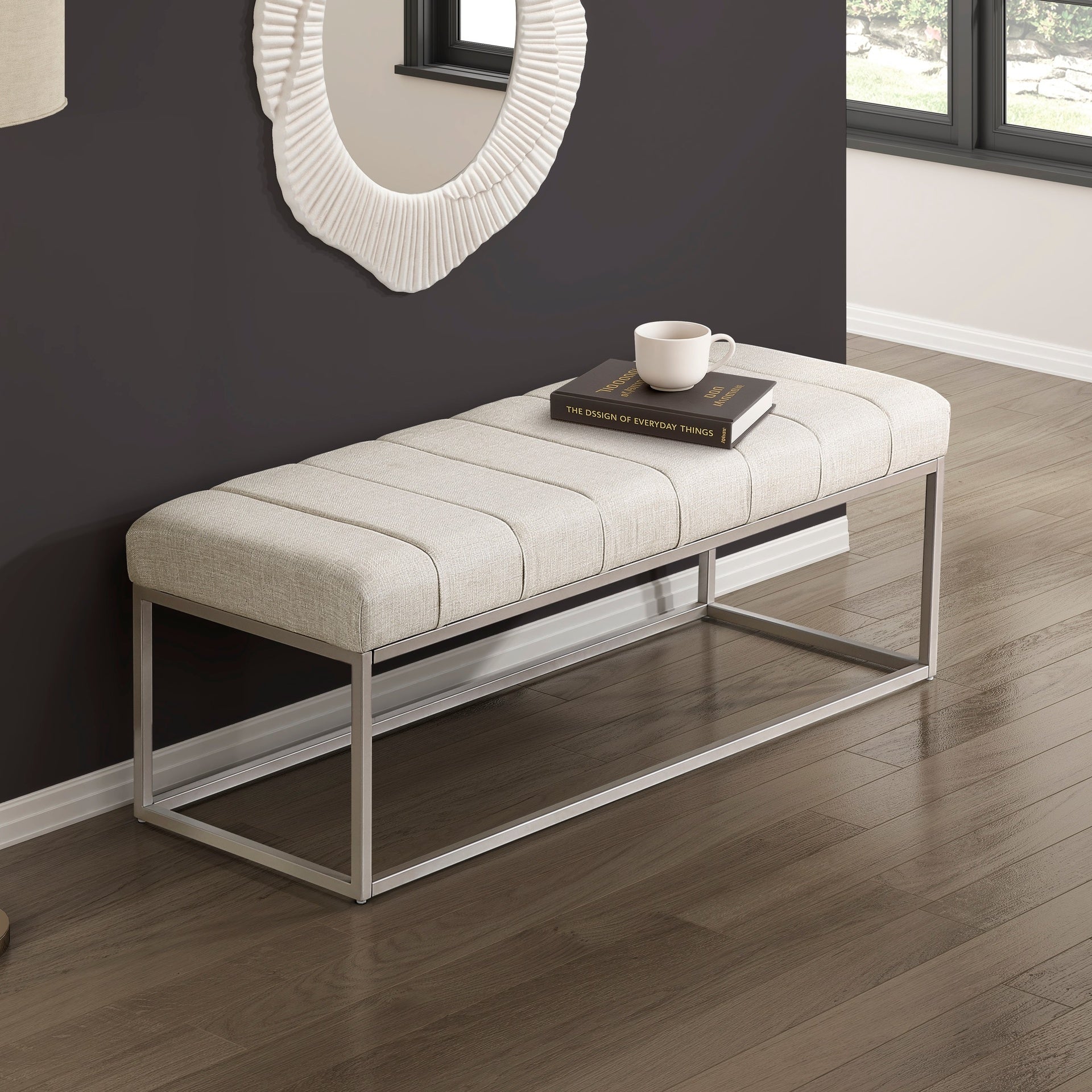 Modern Home Furniture 1pc Bench Beige Fabric Upholstery Plush Comfort Metal Legs Champagne Finish Entryway Bench