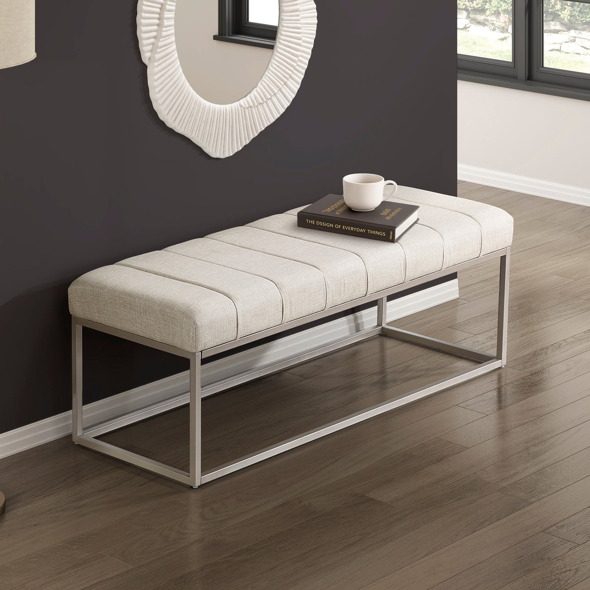 Modern Home Furniture 1pc Bench Beige Fabric Upholstery Plush Comfort Metal Legs Champagne Finish Entryway Bench