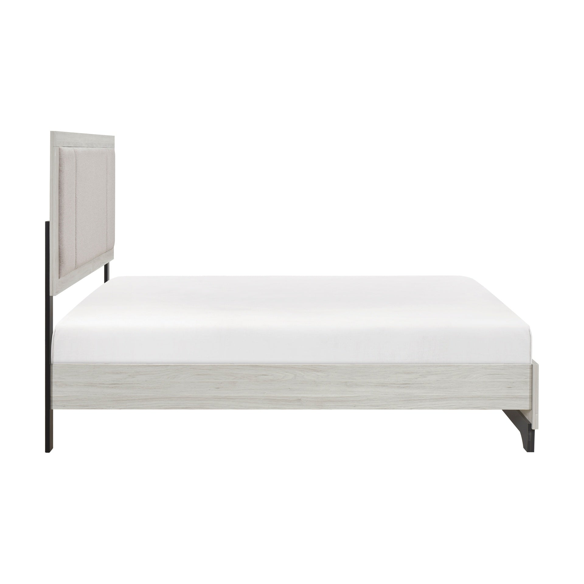 Contemporary Two-Tone White Oak and Gray Finish Platform Queen Bed Upholstered Headboard Footboard Bedroom Furniture 1pc