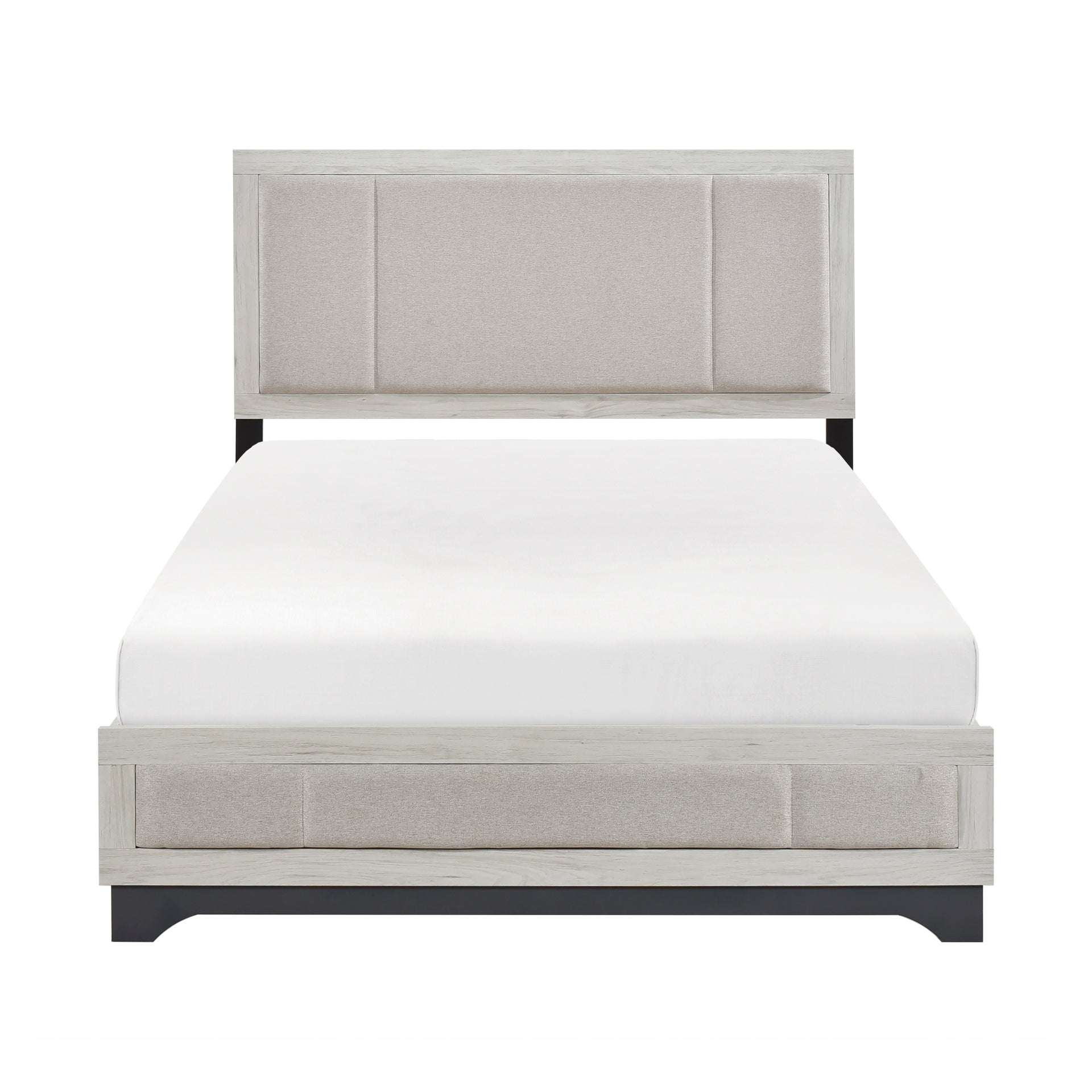 Contemporary Two-Tone White Oak and Gray Finish Platform Queen Bed Upholstered Headboard Footboard Bedroom Furniture 1pc