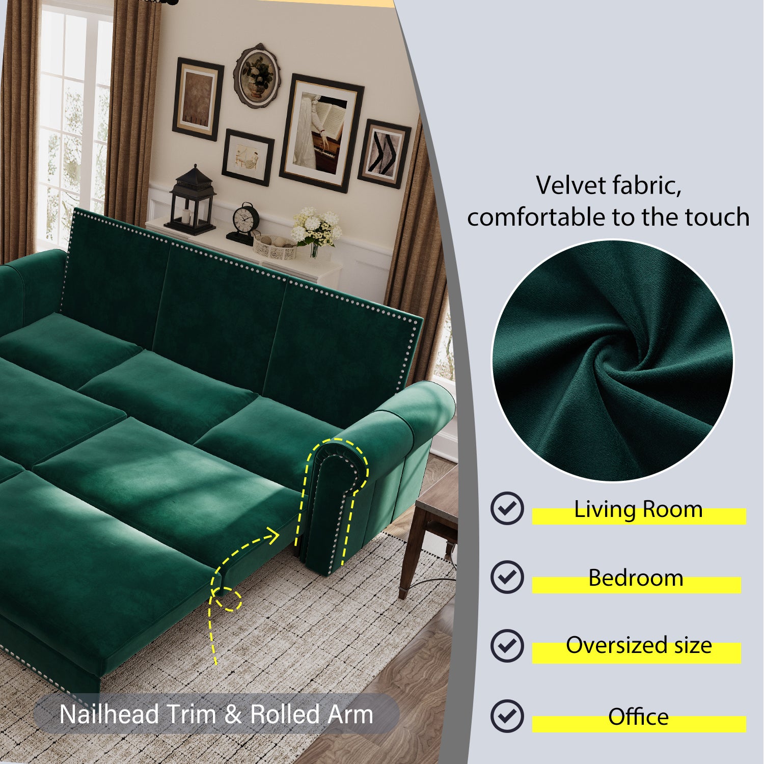 Chesterfield Sofa,93.7" King Pull Out Sofa Bed,3-in-1 Velvet Convertible Sleeper Sofa with Nailhead Trim & Rolled Arm,Multi-Functional Sofa Bed for Living Room,Bedroom,Green