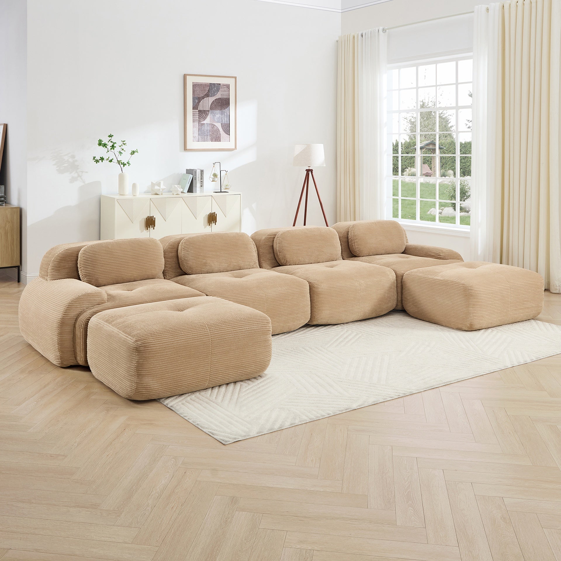 U-shaped modular sofa no assembly breathable corduroy fabric 32D high-resilience sponge extra-wide curved armrests pet-friendly ergonomic design for living rooms bedrooms,Camel