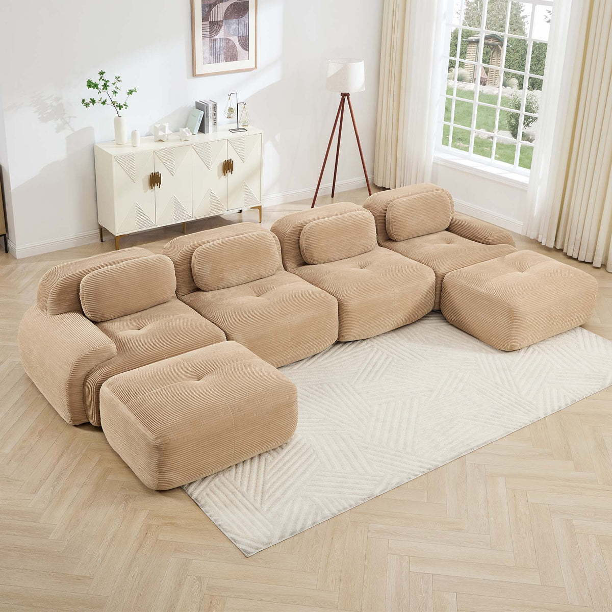 U-shaped modular sofa no assembly breathable corduroy fabric 32D high-resilience sponge extra-wide curved armrests pet-friendly ergonomic design for living rooms bedrooms,Camel