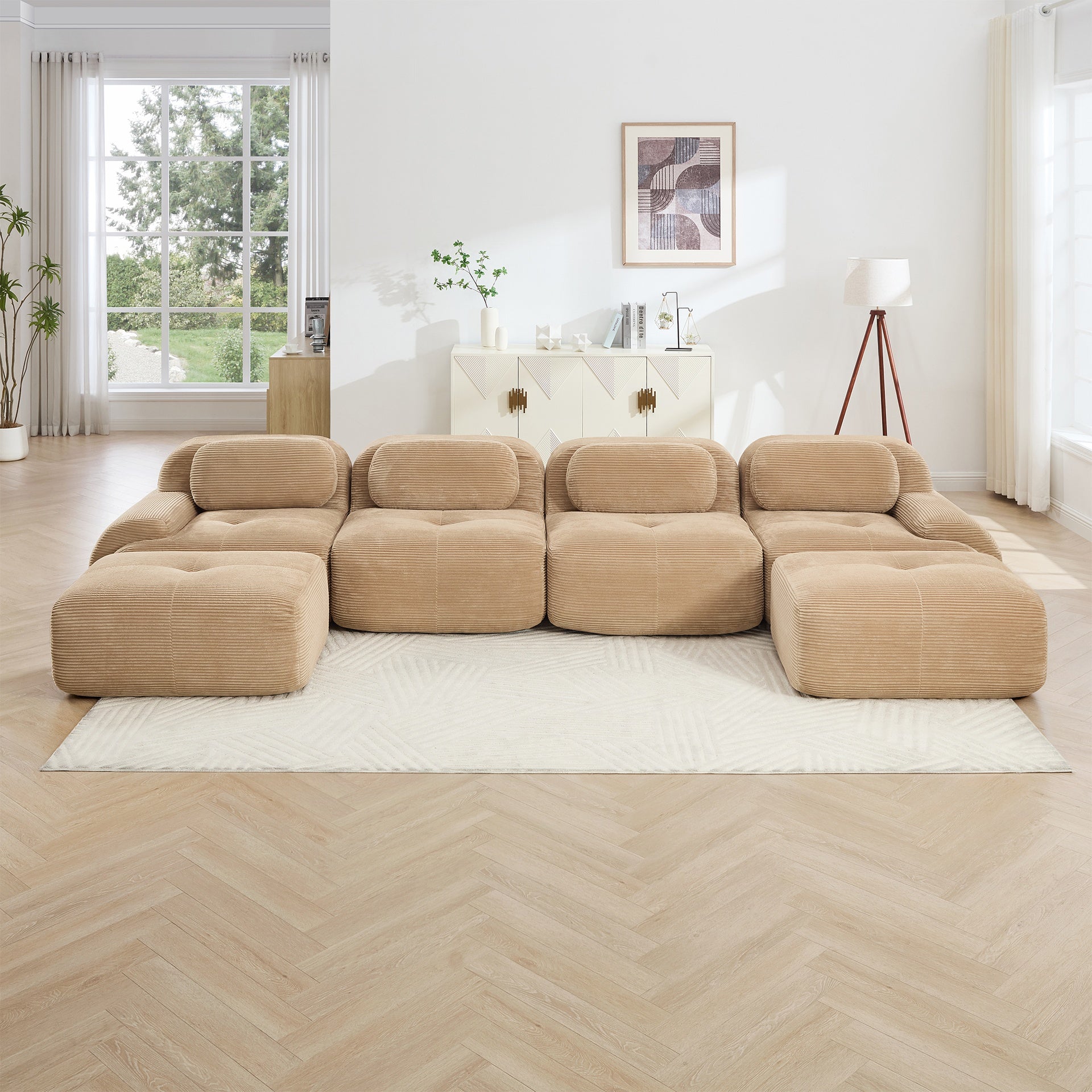 U-shaped modular sofa no assembly breathable corduroy fabric 32D high-resilience sponge extra-wide curved armrests pet-friendly ergonomic design for living rooms bedrooms,Camel