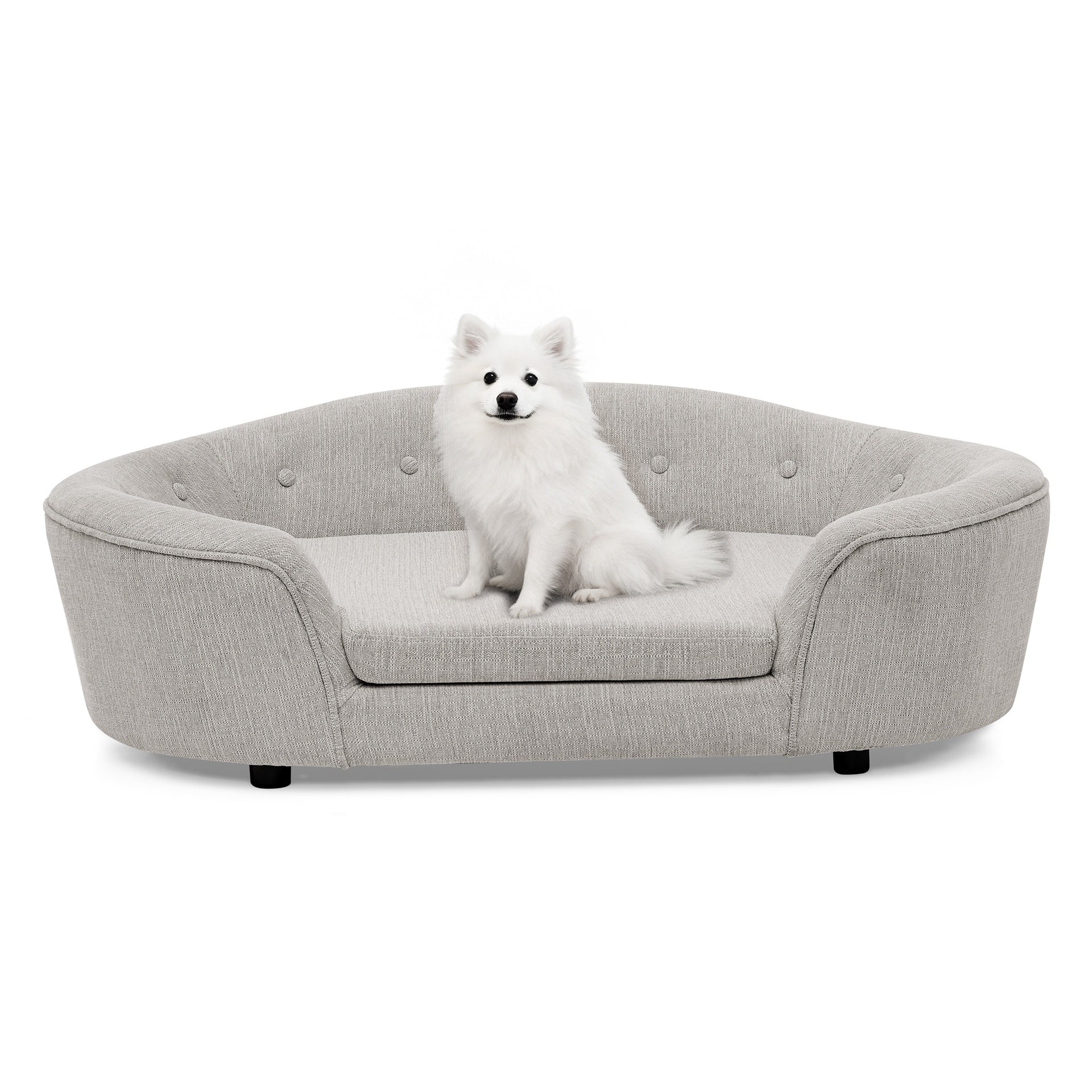 OVERSIZED Size Oval Semi-Enclosed Dog Sofa - Durable Linen Material, Button-Tufted Backrest, High-Center Low-Sides Support & Plush Comfort-Beige