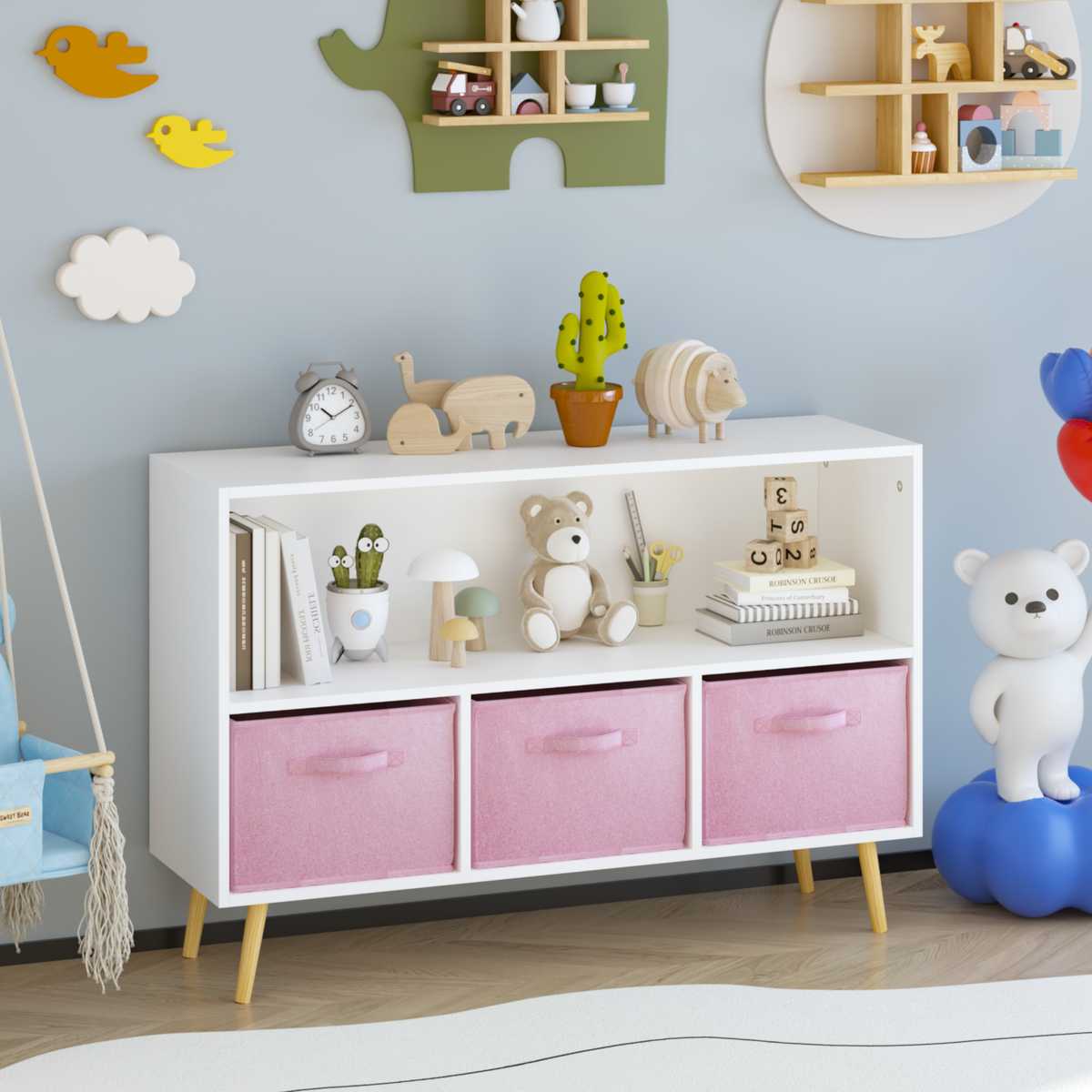 Kids bookcase with Collapsible Fabric Drawers, Children's Book Display, Toy Storage Cabinet Organizer, White/Pink