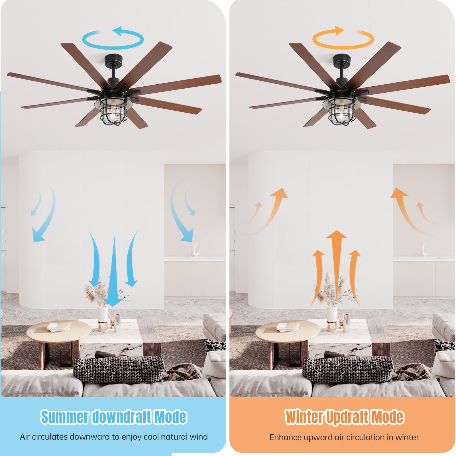 Modern 66 Inch Ceiling Fan With 6 Speed Wind 8 Blades Remote Control Reversible DC Motor With Light