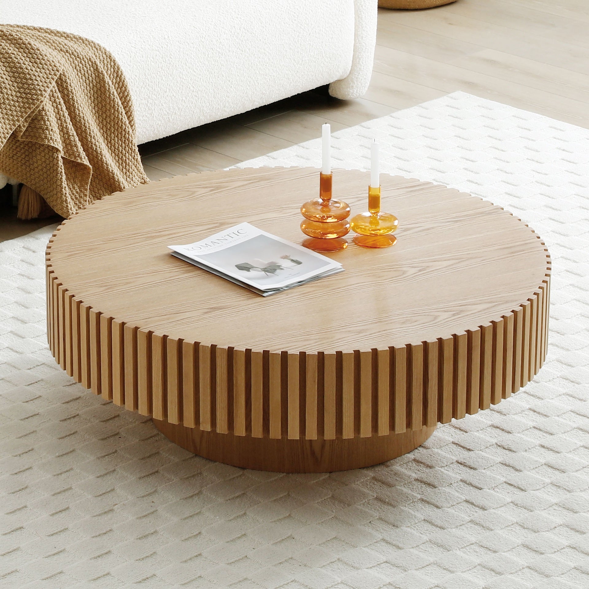 35.43'' Round Wood Coffee Table for Living Room, Modern Handcraft Drum Coffee Table, Circle Wooden Coffee Table for Small Space Apartment ASH.(Same Sku:W876P254011)