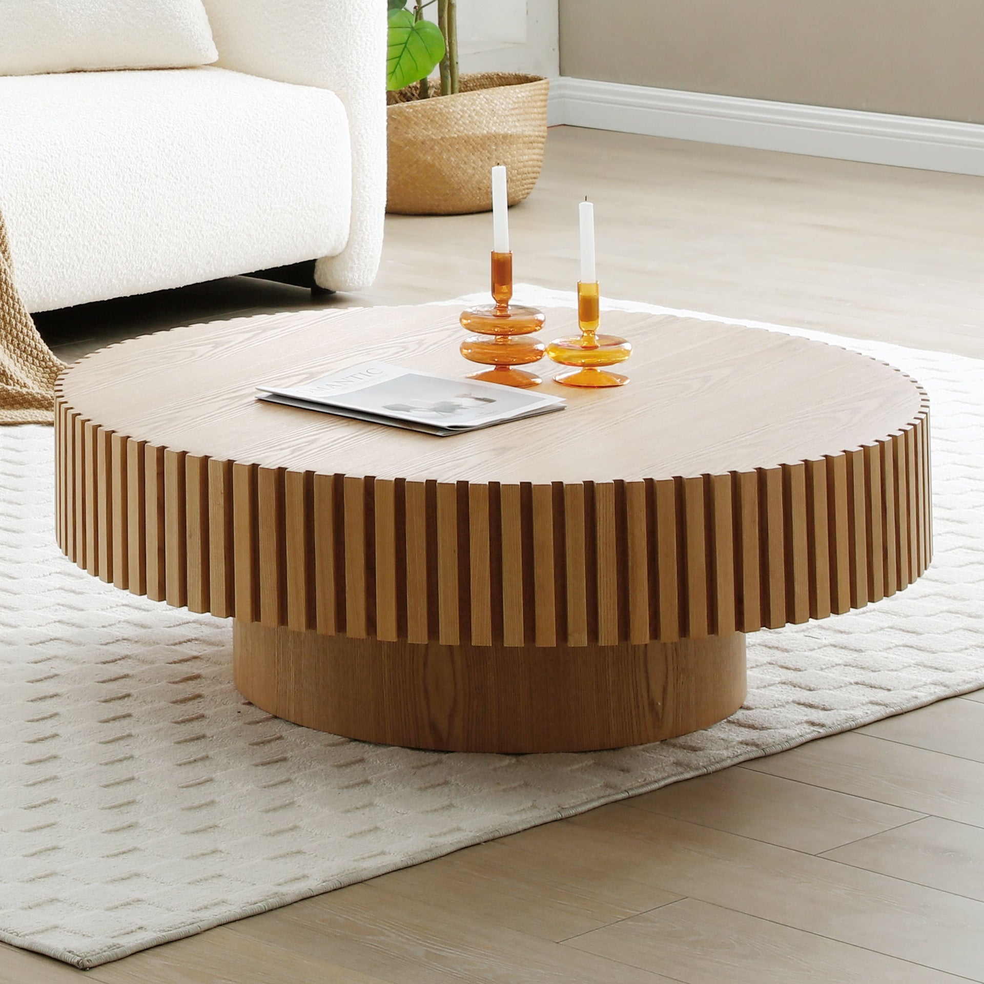 35.43'' Round Wood Coffee Table for Living Room, Modern Handcraft Drum Coffee Table, Circle Wooden Coffee Table for Small Space Apartment ASH.(Same Sku:W876P254011)