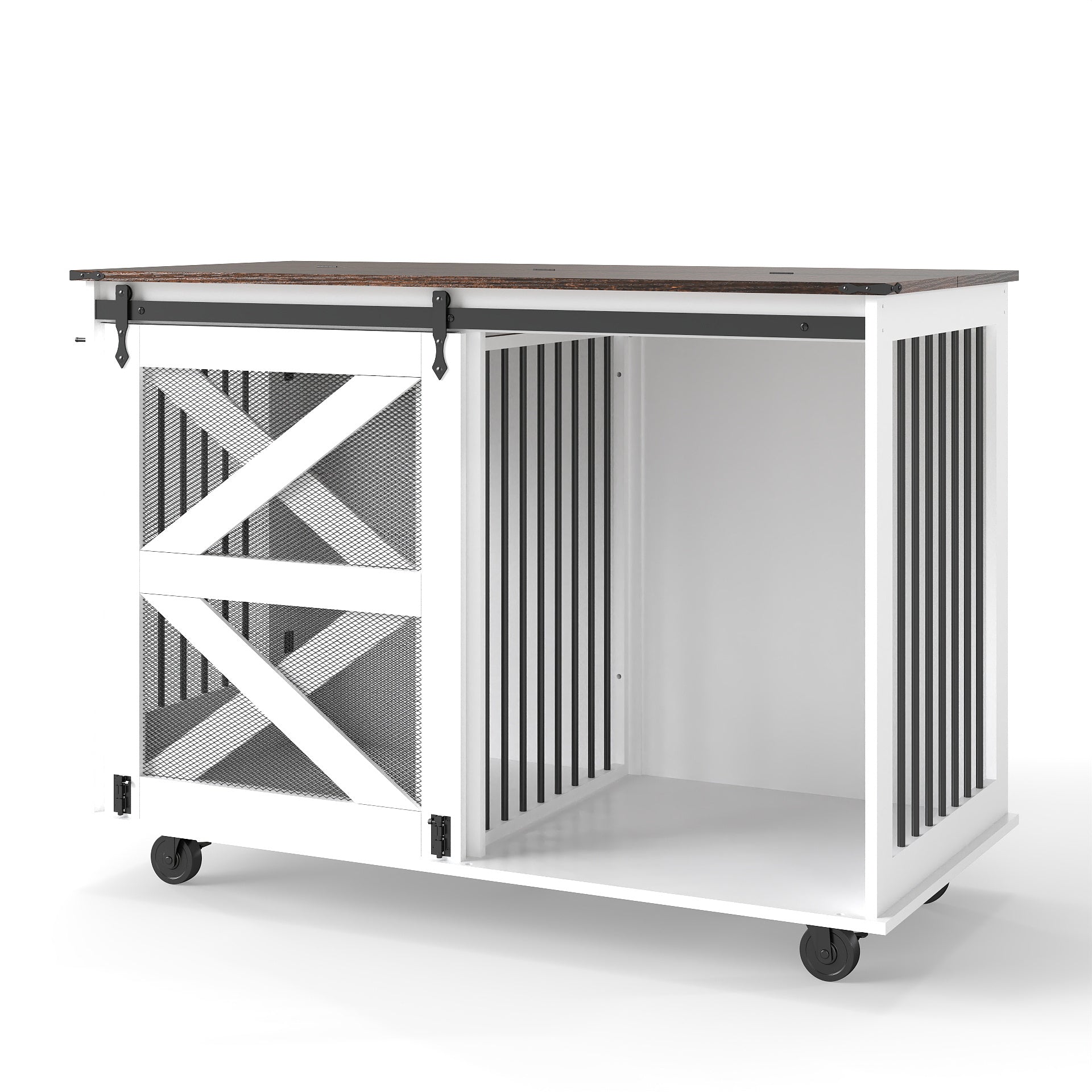 47.2" Mobile Dog Crate with Flip-Top Feeding Door, Dual-Access & 5 Caster System (2 Locking), Side Hooks - Multi-Functional Pet Kennel,double dog crate furniture