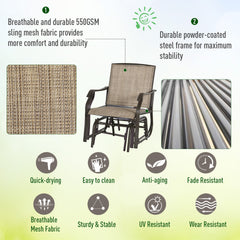 Outsunny 3 Piece Outdoor Glider Chair with Coffee Table Bistro Set, 2 Patio Rocking Swing Chairs with Breathable Sling Fabric, Glass Tabletop, for Backyard, Garden and Porch, Mixed Brown