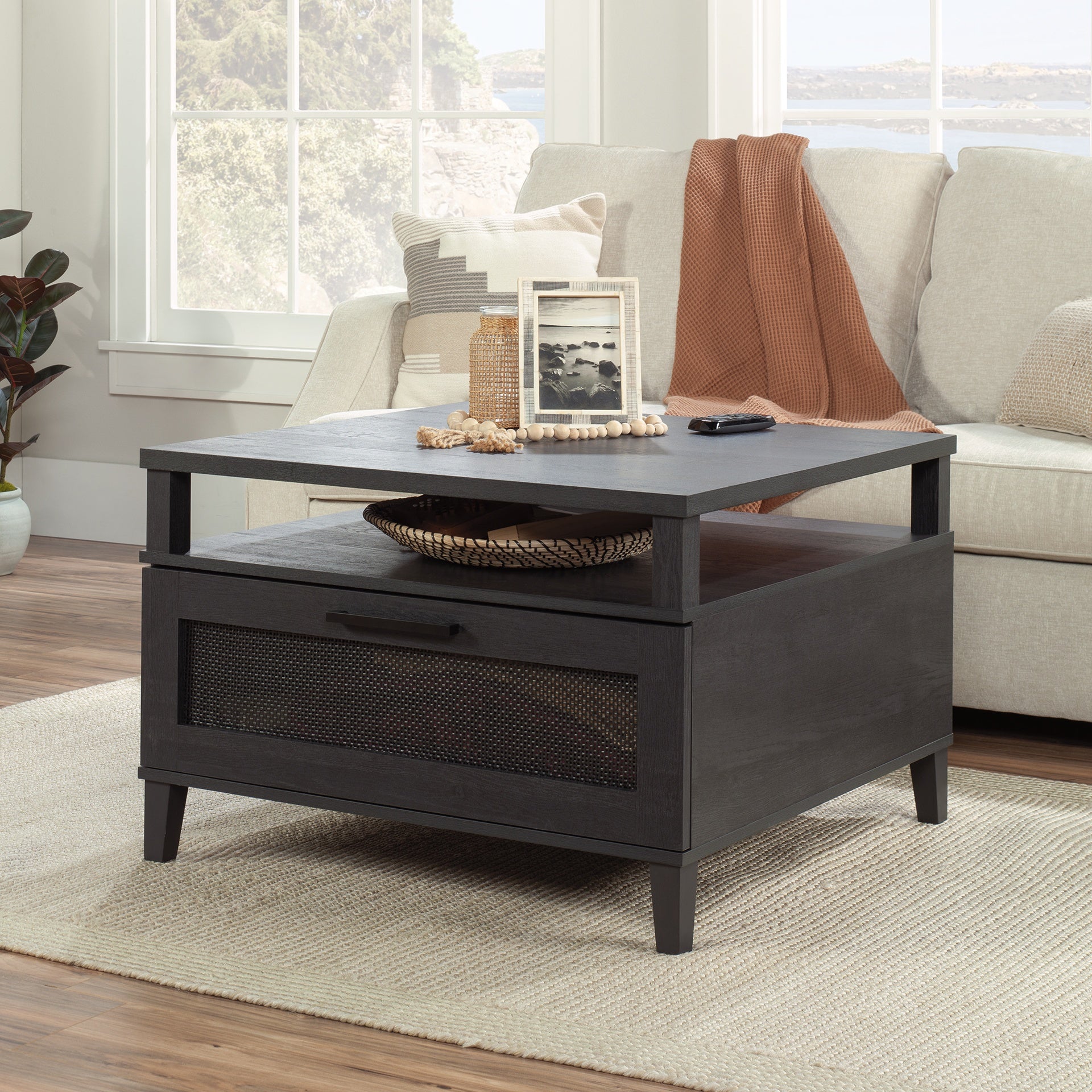 Coastal Coffee Table with Spacious Drawer, Black finish